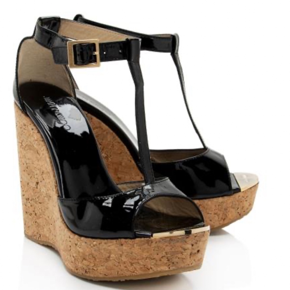 Jimmy Choo Patent Leather T-Strap Wedge Sandals